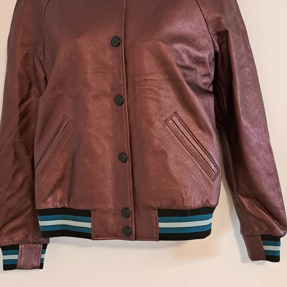 Coach Rexy Leather Varsity Jacket With Athletic Stripe Accents Misses Size Small